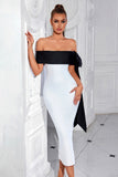 White and Black Bodycon Off The Shoulder Long Prom Dress with Slit