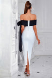 White and Black Bodycon Off The Shoulder Long Prom Dress with Slit