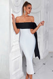 White and Black Bodycon Off The Shoulder Long Prom Dress with Slit