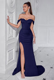 Blush Off The Shoulder Satin Sheath Long Corset Prom Dress with Slit