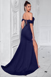 Blush Off The Shoulder Satin Sheath Long Corset Prom Dress with Slit