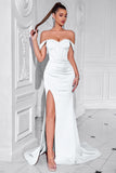 Blush Off The Shoulder Satin Sheath Long Corset Prom Dress with Slit
