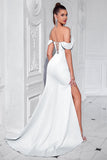 Blush Off The Shoulder Satin Sheath Long Corset Prom Dress with Slit