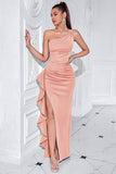 Black One Shoulder Satin Mermaid Long Prom Dress with Ruffles
