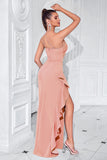 Black One Shoulder Satin Mermaid Long Prom Dress with Ruffles