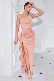 Black One Shoulder Satin Mermaid Long Prom Dress with Ruffles