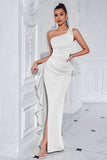 Black One Shoulder Satin Mermaid Long Prom Dress with Ruffles