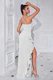 Black One Shoulder Satin Mermaid Long Prom Dress with Ruffles