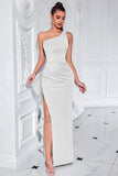 Black One Shoulder Satin Mermaid Long Prom Dress with Ruffles
