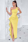 Black One Shoulder Satin Mermaid Long Prom Dress with Ruffles
