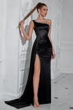 Black One Shoulder Sheath Long Prom Dress with Slit