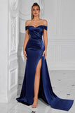 Mermaid Off the Shoulder Dark Green Ruched Slit Prom Dress