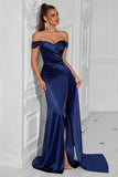 Mermaid Off the Shoulder Dark Green Ruched Slit Prom Dress