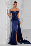 Mermaid Off the Shoulder Dark Green Ruched Slit Prom Dress
