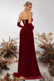 Black Bateau Sheath Corset Velvet Prom Dress with Slit