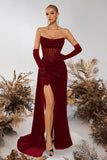 Black Bateau Sheath Corset Velvet Prom Dress with Slit