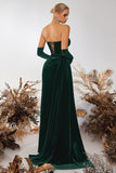 Black Bateau Sheath Corset Velvet Prom Dress with Slit