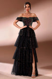 Sparkly Black Off the Shoulder Sequins Tiered Porm Dress with Slit