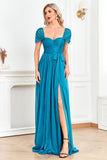 Blue Off the Shoulder A Line Pleated Prom Dress with Slit