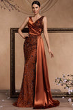 Brown Mermaid V Neck Sequin Formal Dress with Side Streamer