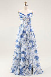 Blue White Flower A-Line Tiered Corset Long Prom Dress with Slit
