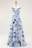 Blue White Flower A-Line Tiered Corset Long Prom Dress with Slit
