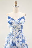 Blue White Flower A-Line Tiered Corset Long Prom Dress with Slit