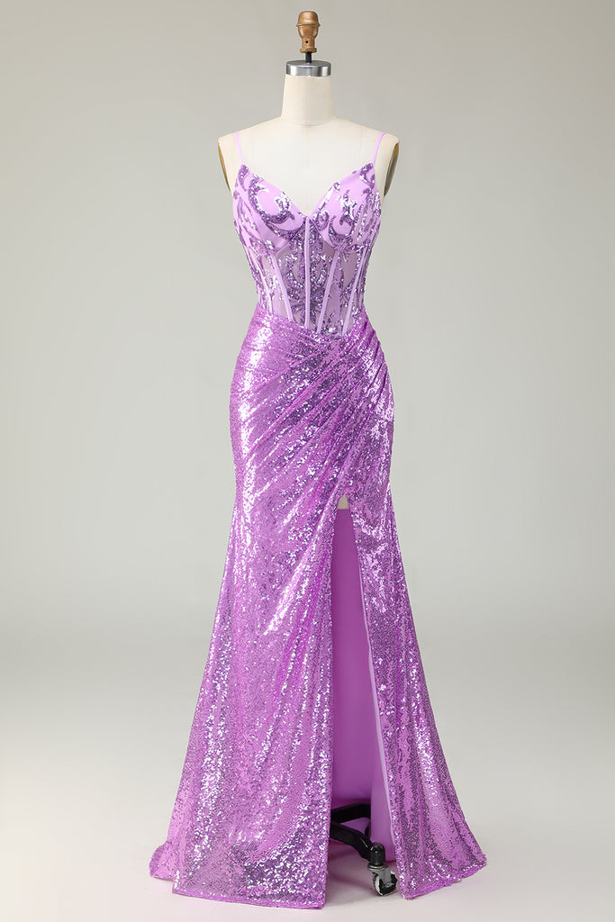 Zapaka Women Sparkly Purple Prom Dress Mermaid Corset Appliqued Long