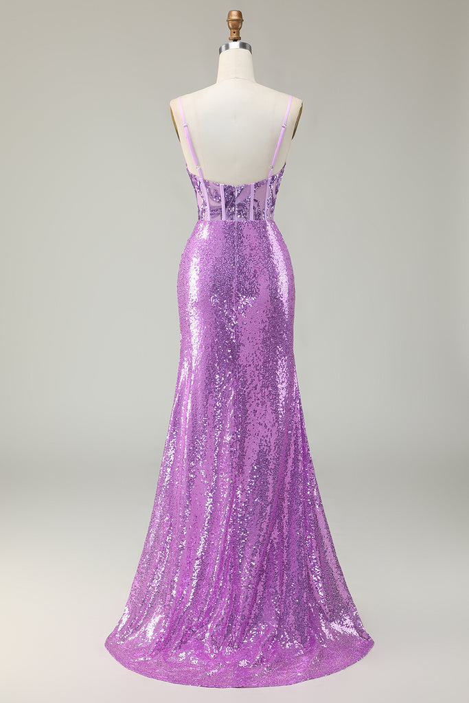 Zapaka Women Sparkly Purple Prom Dress Mermaid Corset Appliqued Long