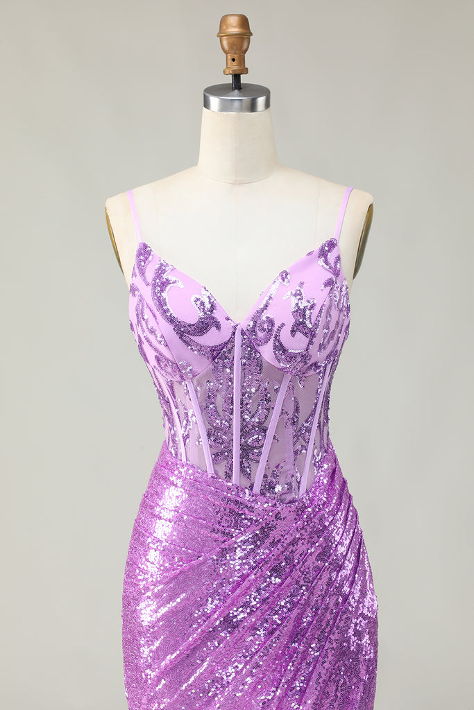 Zapaka Women Sparkly Purple Prom Dress Mermaid Corset Appliqued Long