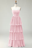 Blush Pink A-Line Strapless Pleated Tiered Long Bridesmaid Dress