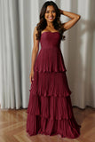 Dusty Blue Strapless A-Line Pleated Tiered Bridesmaid Dress