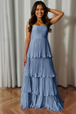 Dusty Blue Strapless A-Line Pleated Tiered Bridesmaid Dress