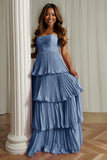 Dusty Blue Strapless A-Line Pleated Tiered Bridesmaid Dress