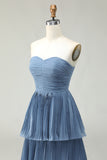 Dusty Blue A-Line Strapless Pleated Tiered Long Bridesmaid Dress