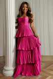 Dusty Blue Strapless A-Line Pleated Tiered Bridesmaid Dress