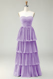 Blush Pink A-Line Strapless Pleated Tiered Long Bridesmaid Dress