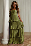A-Line Strapless Blush Pink Pleated Tiered Bridesmaid Dress