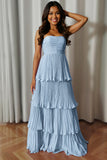 A-Line Strapless Blush Pink Pleated Tiered Bridesmaid Dress