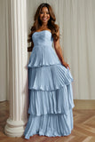 A-Line Strapless Blush Pink Pleated Tiered Bridesmaid Dress
