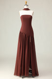Brown A-Line Strapless Maxi Dress with Scarf