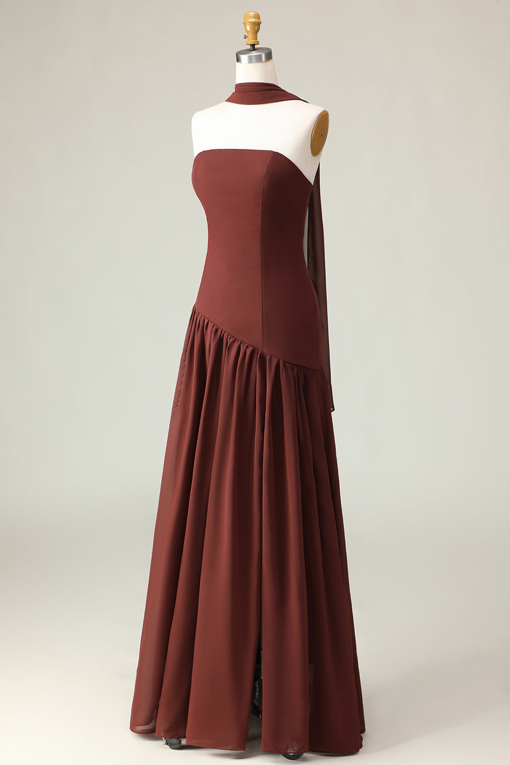 ZAPAKA Women Brown Maxi Dress with Scarf A-Line Strapless Wedding Guest Dress, Brown / US10