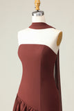 Brown A-Line Strapless Maxi Dress with Scarf