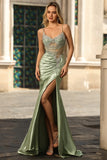 Green Mermaid Spaghetti Straps Corset Satin Ruched Long Prom Dress with Slit