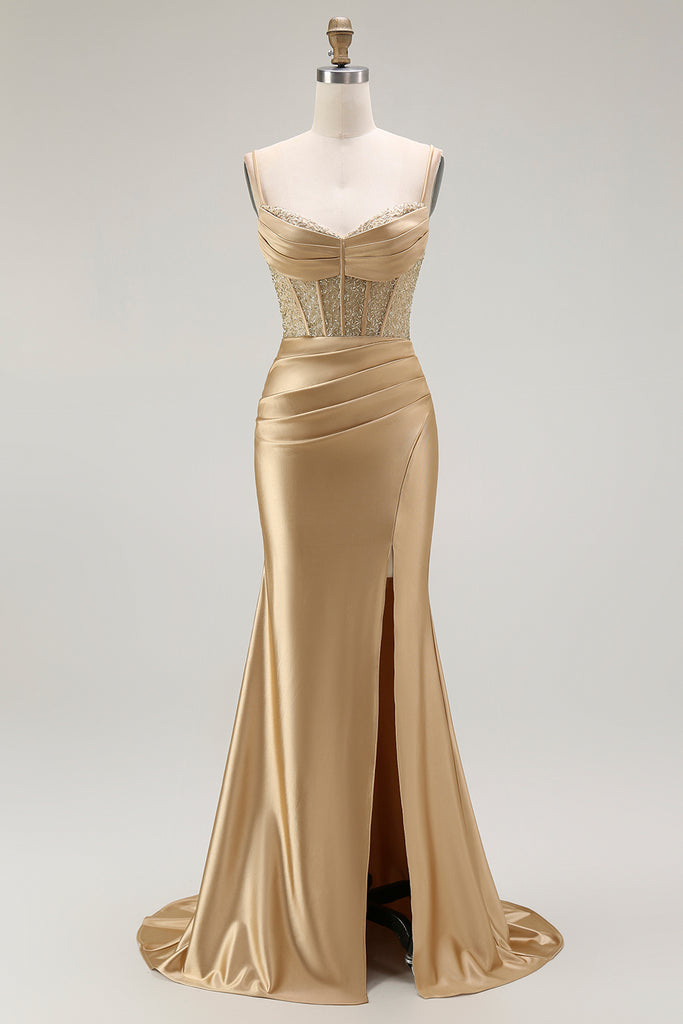 Spaghetti-Straps Lace Appliques Mermaid Prom Dress With Split - Product Details