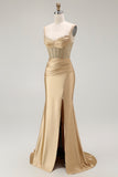 Red Mermaid Spaghetti Straps Corset Pleated Long Prom Dress with Slit