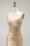 Red Mermaid Spaghetti Straps Corset Pleated Long Prom Dress with Slit