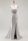 Red Mermaid Spaghetti Straps Corset Pleated Long Prom Dress with Slit