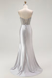Red Mermaid Spaghetti Straps Corset Pleated Long Prom Dress with Slit
