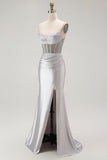 Red Mermaid Spaghetti Straps Corset Pleated Long Prom Dress with Slit